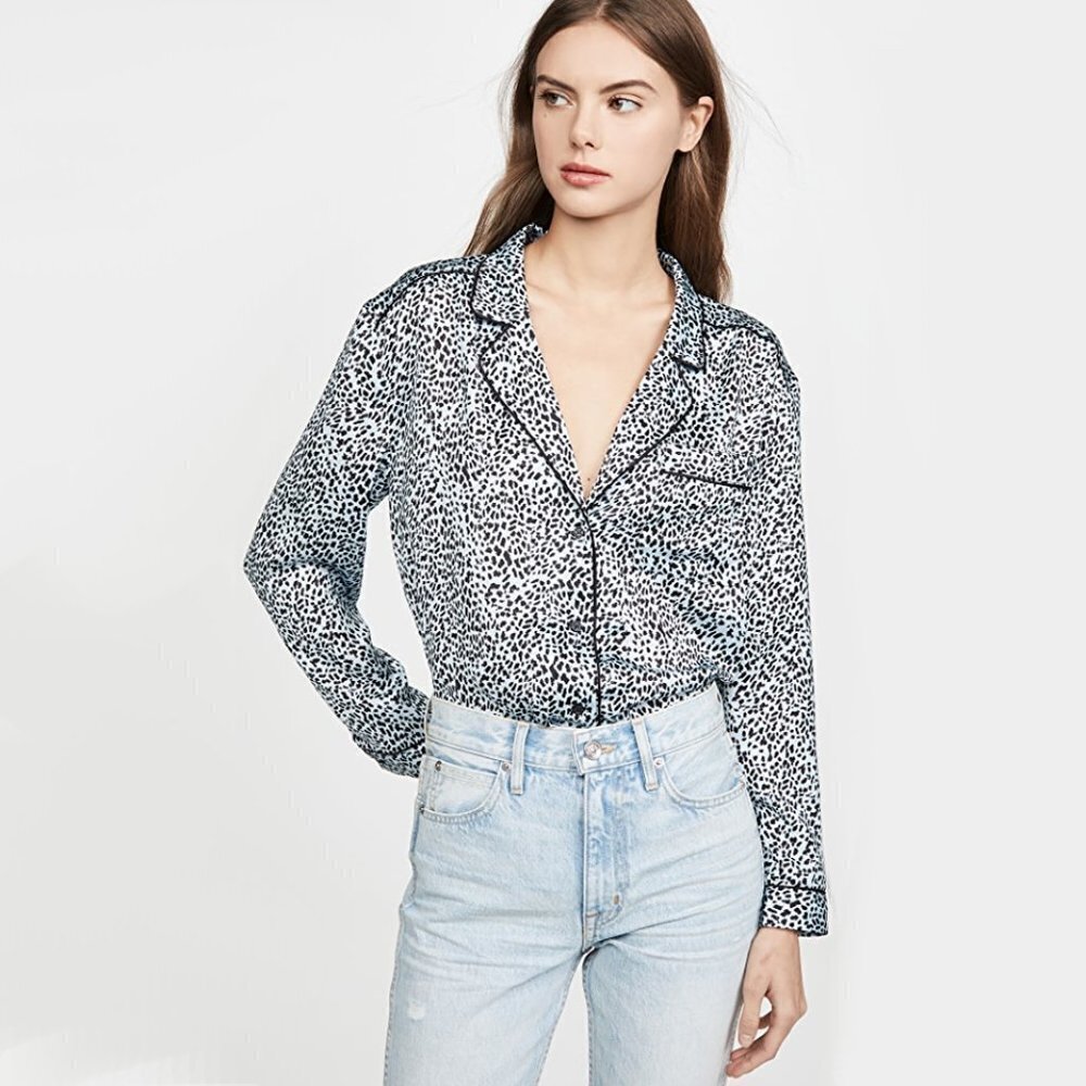 NWT Cupcakes & Cashmere blue / black animal print PJ inspired blouse, L